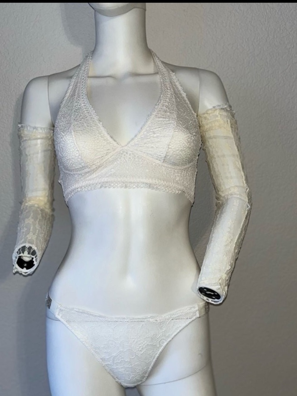 White Lace Halter Bralette Set with Sheer Lace Skirt - Picture 3 of 12